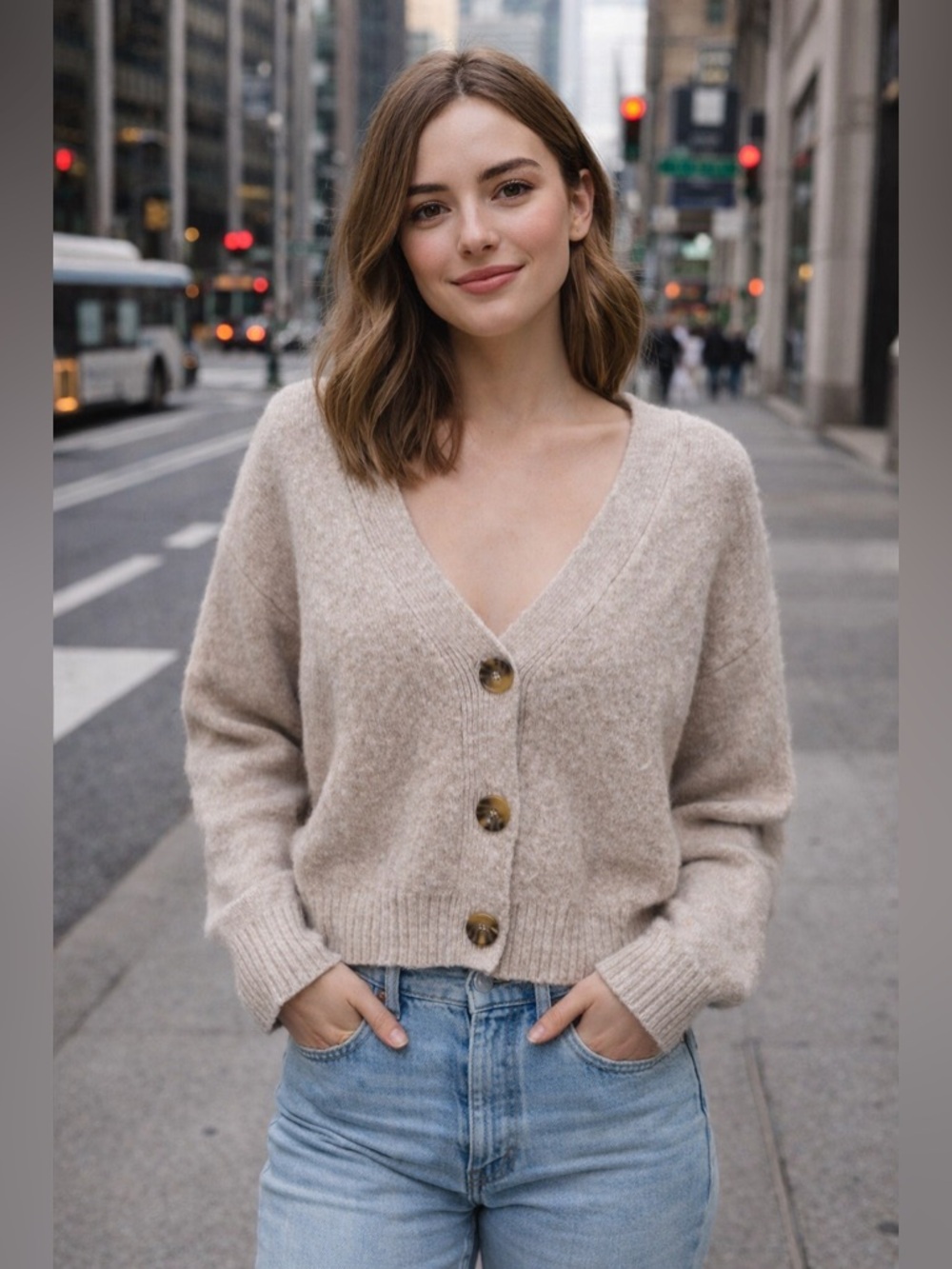 BP. Soft Knit Cropped Cardigan Neutral Beige Button Front Cozy Sweater
